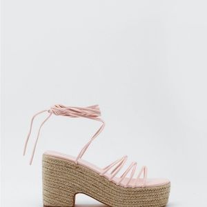 Suede Ankle Wrap Raffia Wedges